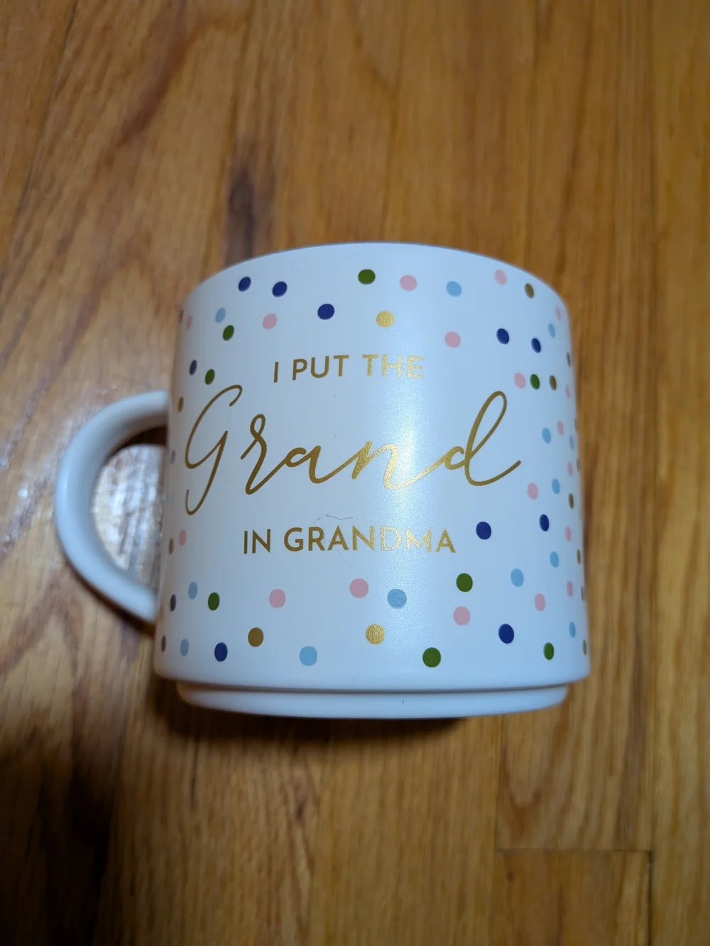 Target White Ceramic Mug with Gold Script and Multicolor Polka Dots
